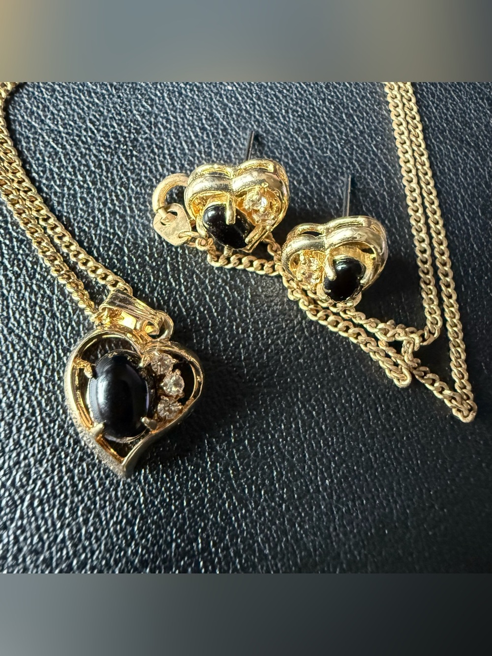 Gold Tone Heart Necklace and Earrings Set with Black Stone Costume Quality